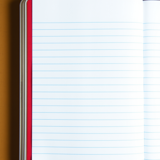 A blank notebook page with blue lined paper and a red margin, captured using a DSLR camera, 50mm lens, f/1.8 aperture, ISO 100, natural lighting, overhead view, high resolution.