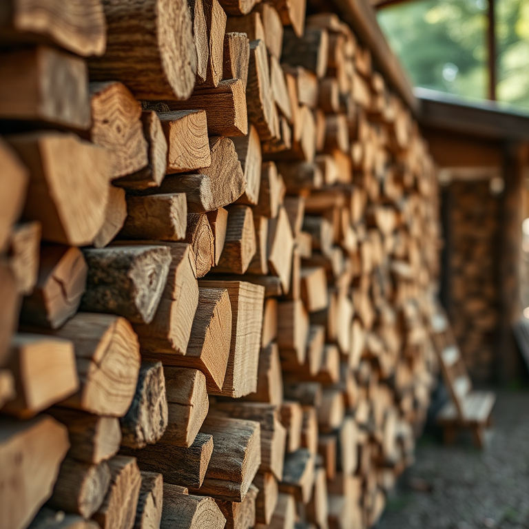 Capture a close-up of a rustic wooden structure stacked with firewood, with soft natural lighting, using a DSLR camera, f/4 aperture, ISO 100, 35mm lens, and a shallow depth of field to enhance texture and detail.