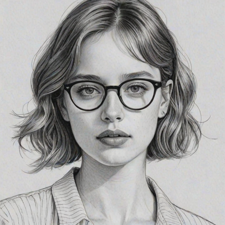 Wonderful Maya Hawke, pencil sketch, portrait of Captivating woman 1953s in glasses, hair style beatnik, outline, clear lines, fine lines, 8k