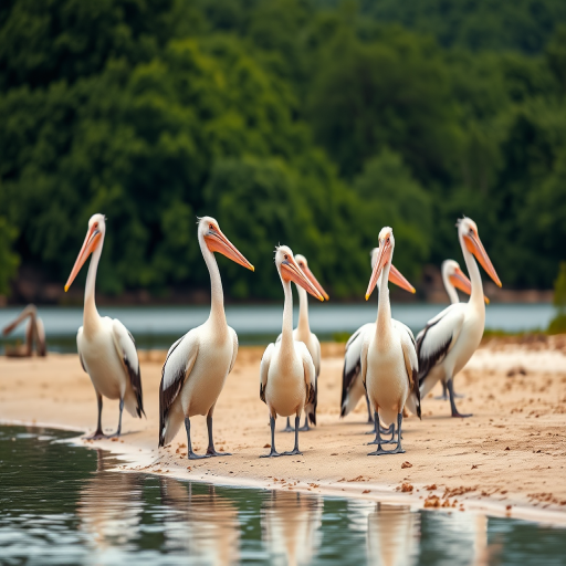 group of pelicans standing on a sandy shore near calm water with lush green background, captured with a Canon EOS R5 at f/5.6, ISO 100, shutter speed 1/200 sec, in a landscape orientation using a telephoto lens.