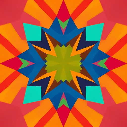 Create an abstract geometric pattern with vibrant colors, focus on contrast and symmetry, shot with a Canon EOS R5 at f/8, 1/125s shutter speed, ISO 100, in a top-down view, using a wide-angle lens for enhanced detail.