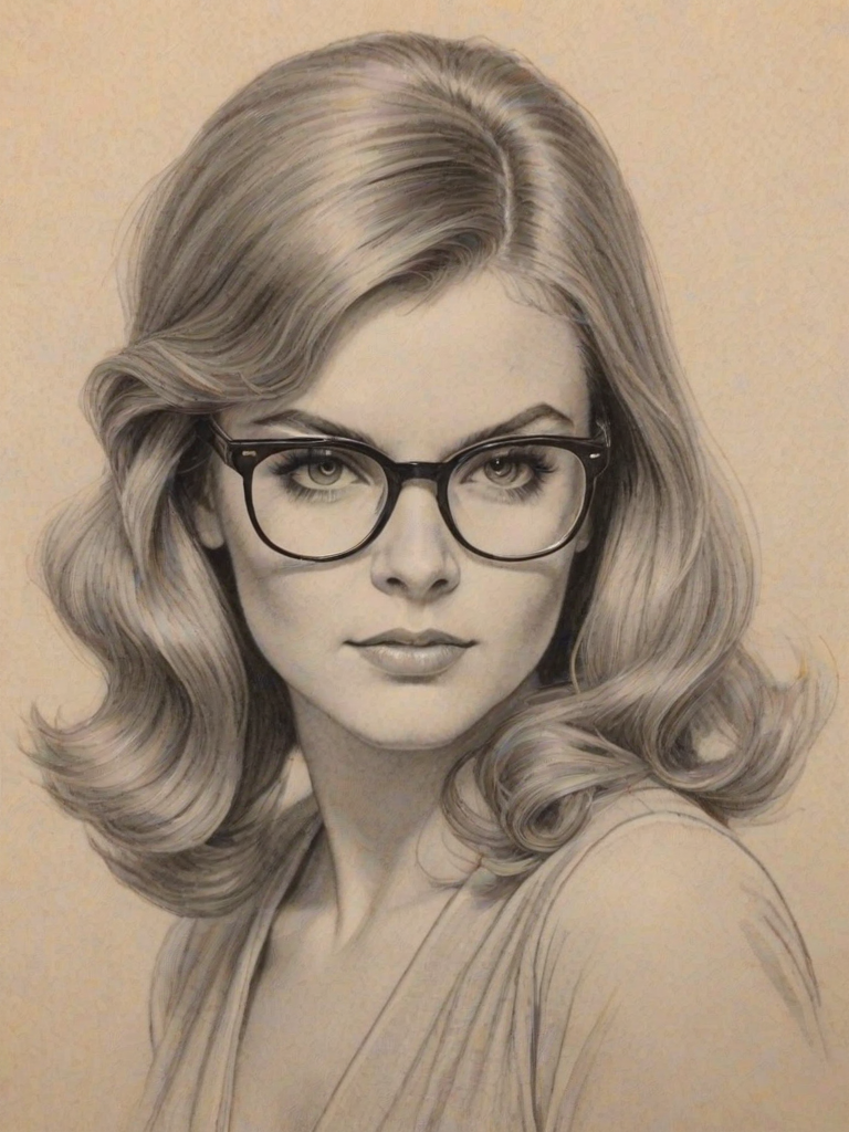Gorgeous Ann-Margret, pencil sketch, portrait of Fetching woman 1920s in glasses, hair style beatnik, outline, clear lines, fine lines, 8k