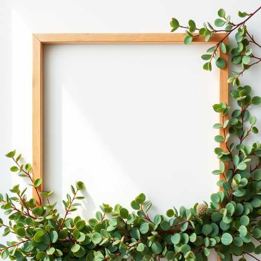 Create an image of a blank rectangular frame adorned with a lush arrangement of eucalyptus and other green foliage, captured with a Canon EOS 5D Mark IV at f/4, ISO 100, 50mm lens, in soft natural lighting from above, ensuring high resolution and vibrant colors.