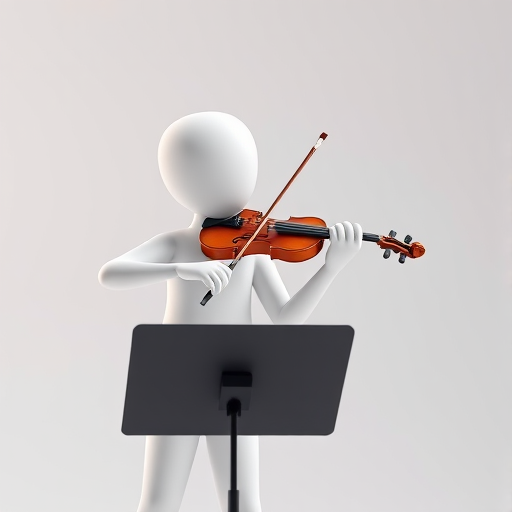 Create a 3D rendering of a white humanoid figure playing a violin in front of a music stand, using a DSLR camera with a 50mm lens, aperture set to f/2.8, ISO 100, 1/200 shutter speed, soft lighting, and a clean background to enhance image quality.