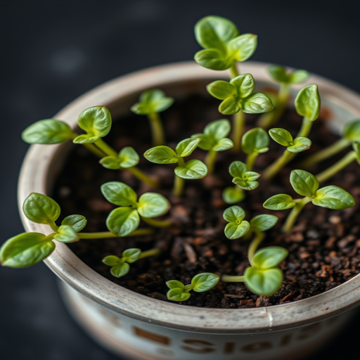 Close-up view of a small pot with lush green seedlings on a black background, shot with a DSLR camera, f/2.8 aperture, 50mm lens, ISO 100, soft natural lighting to enhance details and colors.