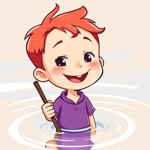 Create a colorful illustration of a cheerful cartoon boy with bright red hair, wearing a purple shirt, standing in shallow water while holding a stick, using a high-resolution digital camera with a 50mm lens, f/2.8, 1/200s, and vibrant colors for enhanced image quality.