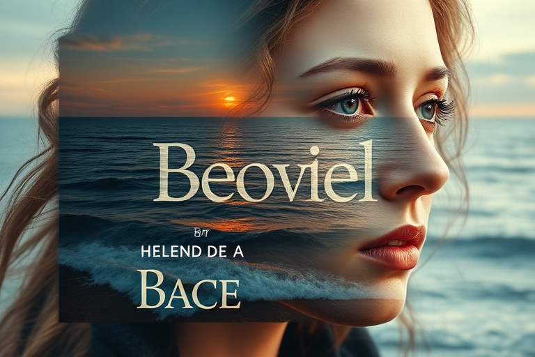 this photo is Book cover, A surreal double exposure portrait that blends a woman's face with a beautiful seascape. The overall mood is dreamy and mystical, with rich colors and intricate details