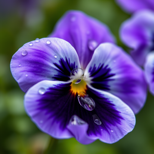 Close-up of a purple pansy flower with water droplets, macro lens, 50mm f/1.8 aperture, ISO 200, natural light, shallow depth of field, captured with a DSLR camera.