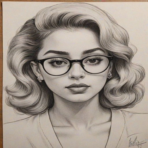 Wonderful Kali Uchis, pencil sketch, portrait of Bewitching woman 1946s in glasses, hair style beatnik, outline, clear lines, fine lines, 8k