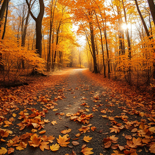 autumn forest path with fallen leaves in vibrant orange and yellow hues, soft sunlight filtering through trees, low angle shot, shallow depth of field, ISO 100, f/2.8, 1/60 sec, DSLR camera, wide-angle lens