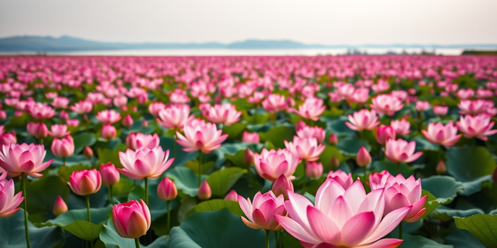 Create a vibrant landscape photograph of a vast lotus flower field in full bloom, emphasizing the rich pink colors of the flowers against a serene water backdrop, captured with a Canon EOS 5D Mark IV, 50mm f/1.4 lens, aperture set to f/8, ISO 100, and a shutter speed of 1/250s, using a wide-angle view to encompass the entire scene with soft focus on the background for depth.