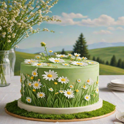 Create an image of a round cake decorated with hand-painted flowers and a grassy landscape. The cake should have a soft pastel color palette, featuring white daisies, yellow blossoms, and green grass. The background should include subtle trees and a cloudy sky, giving a serene, nature-inspired feel to the overall design.