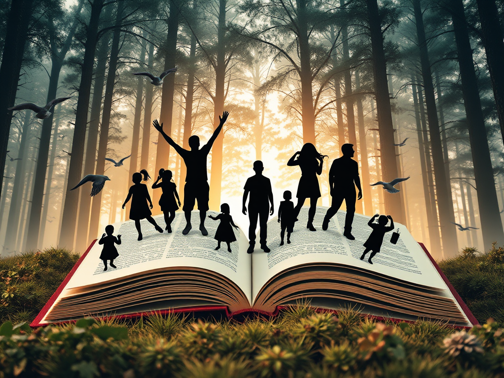 Create a surreal illustration of an open book with silhouettes of diverse families in various poses emerging from it, surrounded by a dense forest with birds flying, captured with a DSLR camera at f/8 aperture, 50mm lens, natural light, and a wide-angle view to enhance depth and composition.