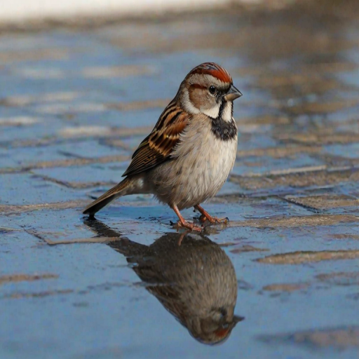 generate an image of a small sparrow standing on a wet tiled surface with a reflection in the water, surrounded by vertical white and blue tiles