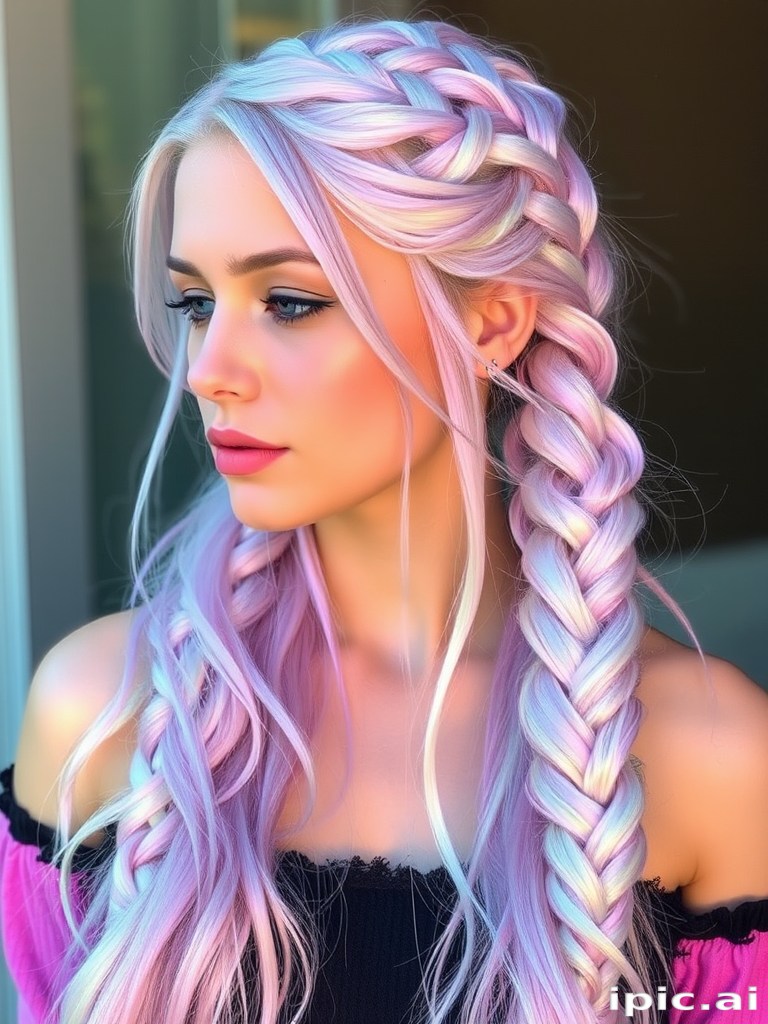 Pearlescent opal hair color styled in mermaid braids, Iridescent Fantasy look, featuring a mesmerizing blend of pastel hues that shift in the light
