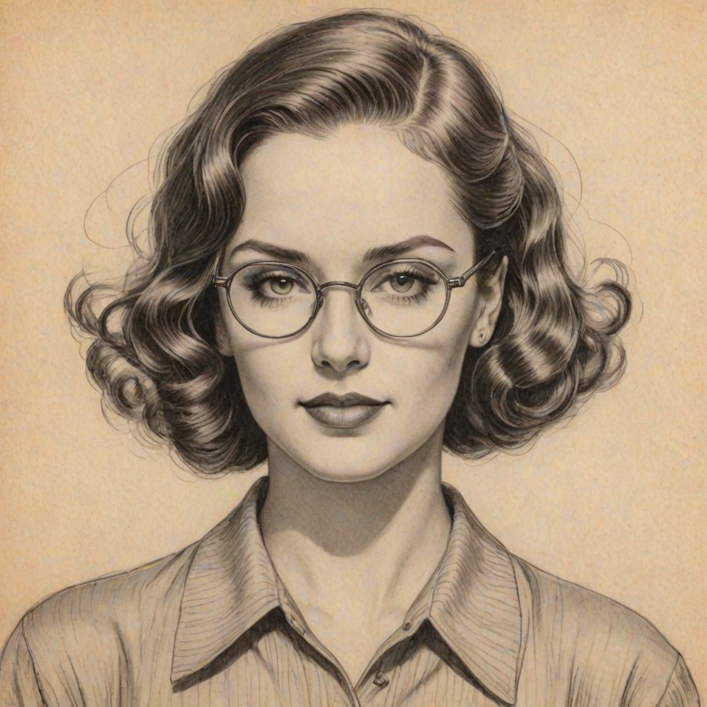 Enticing H.E.R., pencil sketch, portrait of Gorgeous woman 1930s in glasses, hair style beatnik, outline, clear lines, fine lines, 8k