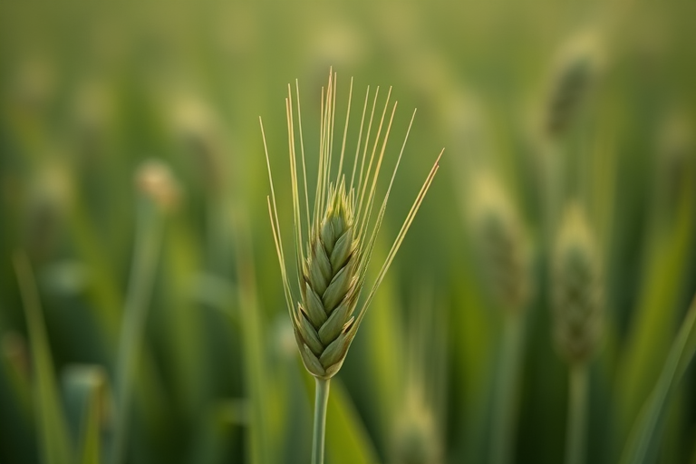 Capture a close-up of a wheat spikelet in a lush green field, using a Canon EOS R5 camera with a 100mm macro lens, aperture set to f/2.8 for shallow depth of field, ISO 200 to reduce noise, and a shutter speed of 1/500s for sharp details.