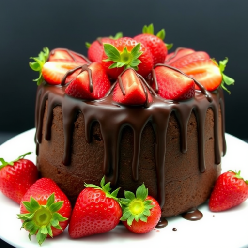 A chocolate cake topped with fresh strawberries and drizzled with chocolate ganache, placed on a white plate against a dark background with a few scattered strawberries around the plate, showcasing a rich and indulgent dessert.