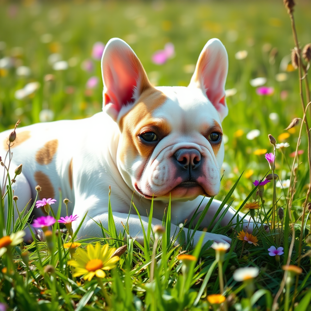 a whimsical fantasy image of a 1year old Exotic Micro Bullie dog whose white with tan spots, lying in the grass with Wildflowers all around her, blue skies and sunshine