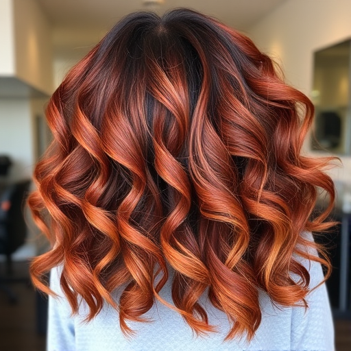 Rich mahogany red locks in the "Cinnamon Swirl" style boast voluminous curls and caramel highlights for depth