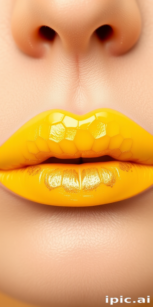 Pastel yellow lips with honeycomb patterns in gold, christened "Sunshine Nectar," create a cheerful and unique look with a creamy finish for springtime brunches and picnics