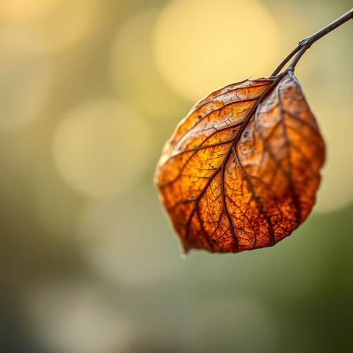 macro shot of a dried leaf with soft bokeh background, shallow depth of field, aperture f/2.8, ISO 100, shutter speed 1/200s, taken with a DSLR camera using a 100mm macro lens