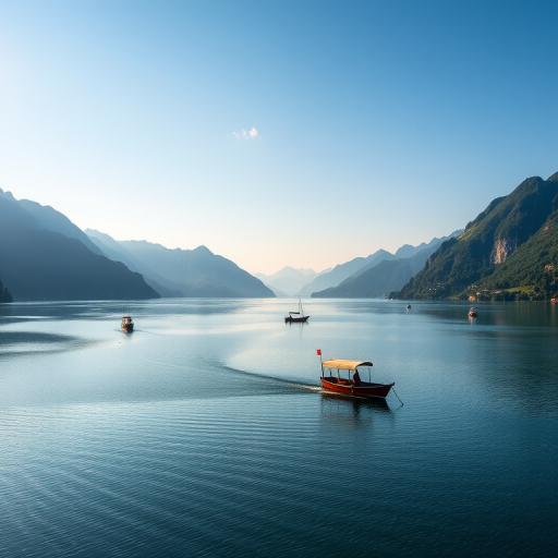 A serene landscape featuring a calm lake with boats, surrounded by lush green mountains and a clear blue sky, captured at sunrise with a Canon EOS 5D Mark IV, 50mm lens, aperture f/8, ISO 100, shutter speed 1/250s, in landscape orientation.