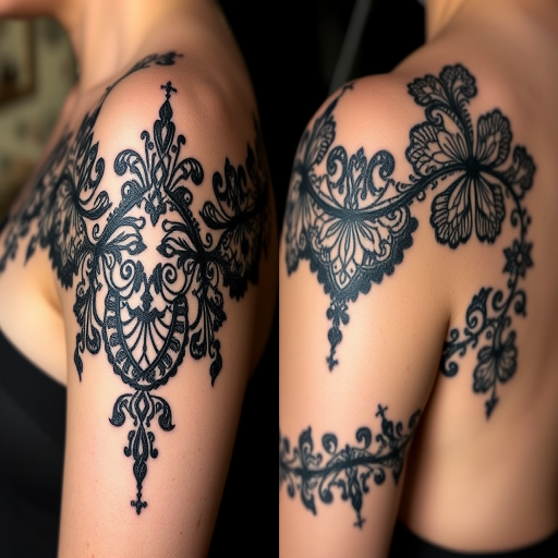 Ornamental blackwork tattoo titled "Lace Elegance" showcasing intricate patterns inspired by delicate lace designs, creating the illusion of fabric adorning the skin with meticulous attention to detail