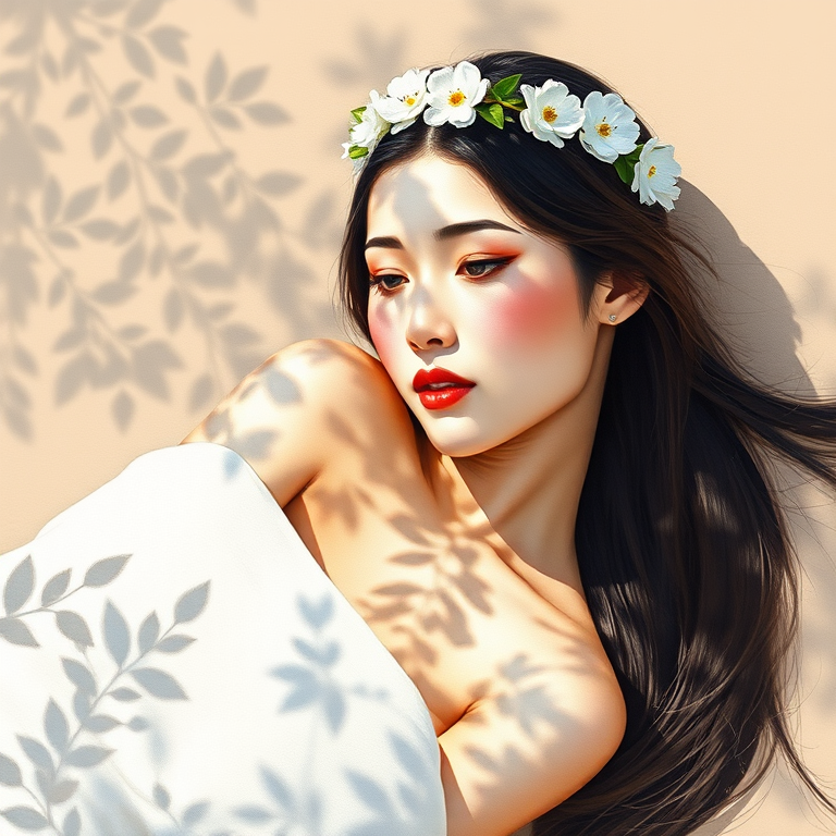 create a watercolor painting of an ethereal portrait of beautiful Bhutanese woman with a simple white flower crown on her head. Her hair is long and she is lying on the ground. The sunlight on the trees casts shadows from the leaves on her face and body. The background is a neutral brown color that matches her skin tone. The image is minimalist and solid colors. This style is characterized by soft, delicate brushstrokes and a light, airy, contrasting color palette. High level of detail and play of light