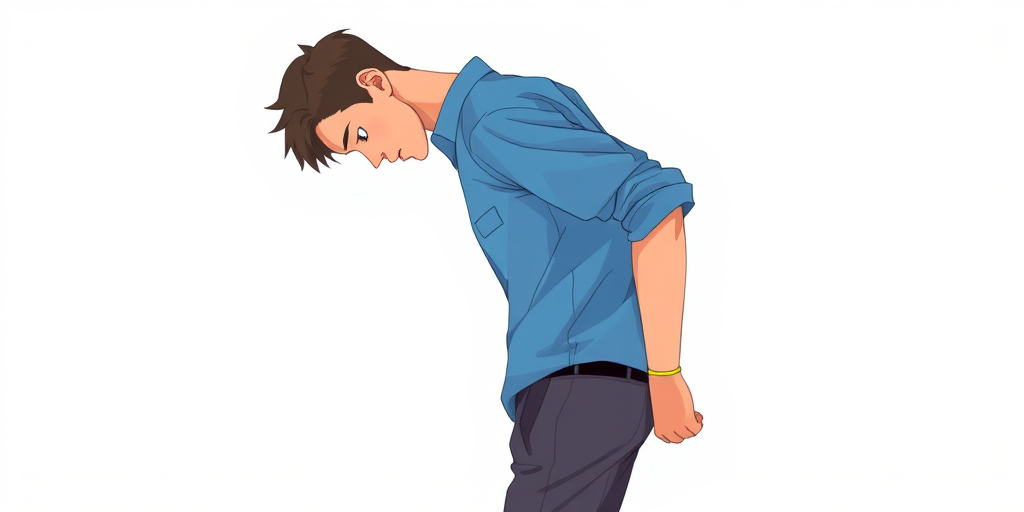 Create a side view illustration of a male character looking down, wearing a blue shirt and grey pants, using a digital art style with high resolution, soft lighting, slight depth of field, and a clean minimalist background to enhance clarity.
