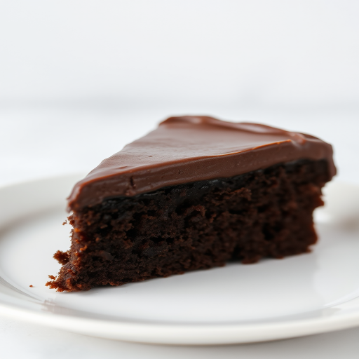 A close-up view of a slice of rich chocolate cake with a thick layer of glossy chocolate frosting on a white plate, showcasing the moist texture and deep brown color of the cake, with a soft background that highlights the dessert.