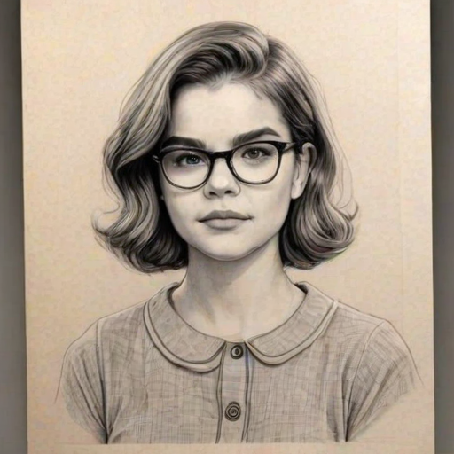 Delightful Maia Mitchell, pencil sketch, portrait of Splendid woman 1932s in glasses, hair style beatnik, outline, clear lines, fine lines, 8k
