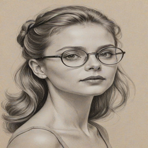 Beauteous Anna Baryshnikov, pencil sketch, portrait of Alluring woman 1951s in glasses, hair style beatnik, outline, clear lines, fine lines, 8k