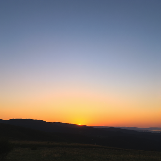 Create a high-resolution image of a serene landscape at sunrise with a clear sky and rolling hills in the background, using a Canon EOS R5 camera, 24mm lens, f/8 aperture, ISO 100, and a shutter speed of 1/250 second, shot from a low angle to capture vibrant colors and detail.