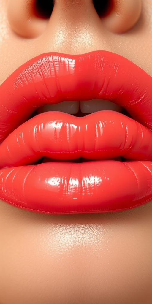 Vibrant coral lips with a glossy finish, showcasing a plump and voluminous appearance, featuring subtle ombre effects and a hint of shimmer, perfect for a summer beach look