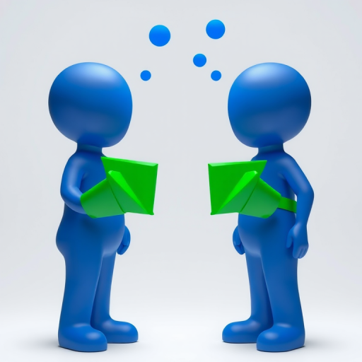 Create a high-resolution digital illustration of two stylized blue figures exchanging ideas, with large green arrows connecting them, featuring a soft focus effect, wide-angle view, shot with a DSLR camera at f/5.6 aperture, ISO 100, and 50mm lens.
