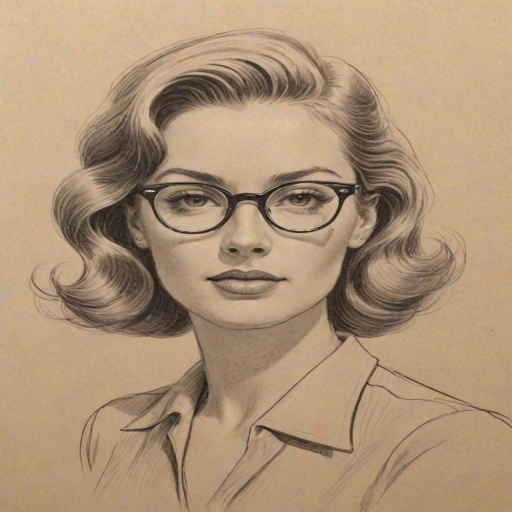 Dazzling Kathryn Gallagher, pencil sketch, portrait of Splendid woman 1946s in glasses, hair style beatnik, outline, clear lines, fine lines, 8k