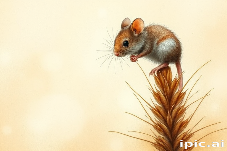 Soft, muted Alcohol Ink with ebru effect background image of tiny whimsical mousey, who climbed high on the top of a golden rye ear.