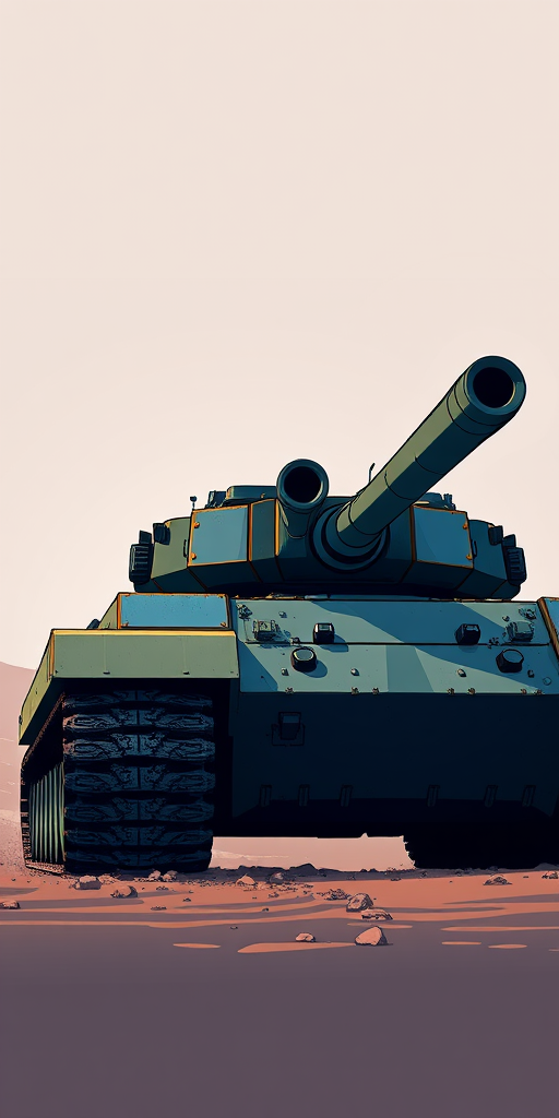 Create a highly detailed digital illustration of a modern tank on a neutral background, using a Canon EOS R5 camera with a 50mm f/1.2 lens, shot at a low angle to emphasize the tank's powerful stature, with high contrast and vibrant colors to enhance visual impact.
