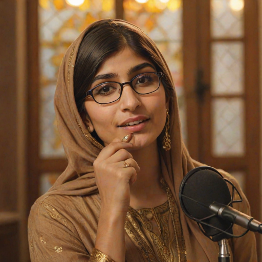 A close-up portrait of a mia khalifa with her eyes closed, singing into a microphone, positioned on the right side of the frame, facing the viewer. She is wearing a brown headscarf, gold earrings, and a brown blouse, and is bathed in warm, golden light emanating from the windows behind her. A blurred figure of a man singing into a microphone is visible in the background. The scene has a sense of calm and spirituality.