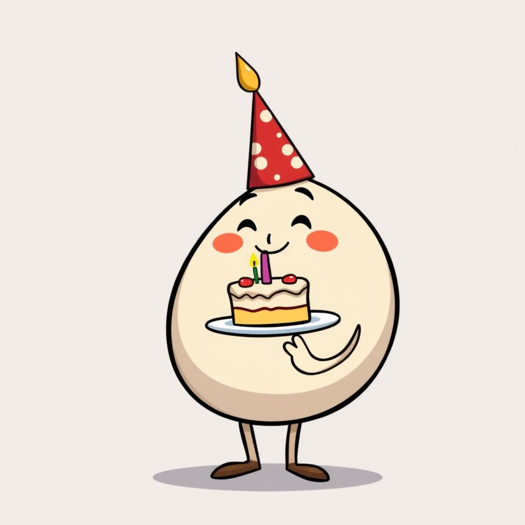 A cartoon character with a round body wearing a festive red party hat holding a cake with a candle on a plate smiling happily in a simple, colorful style.