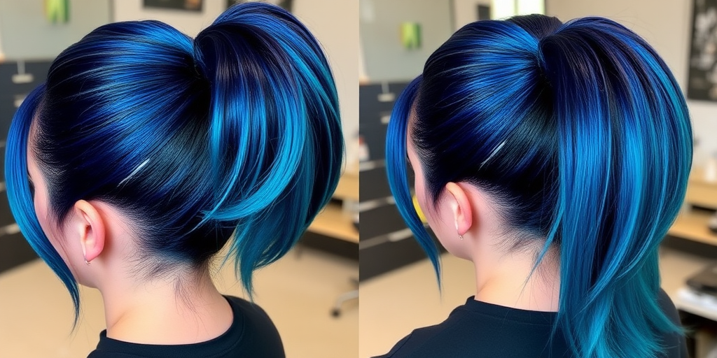 Midnight blue to turquoise gradient, styled in a sleek, high ponytail by "Galactic Glam" hair experts, showcasing a smooth, polished finish with holographic strips woven throughout, creating an otherworldly effect that shimmers and shifts with every movement.