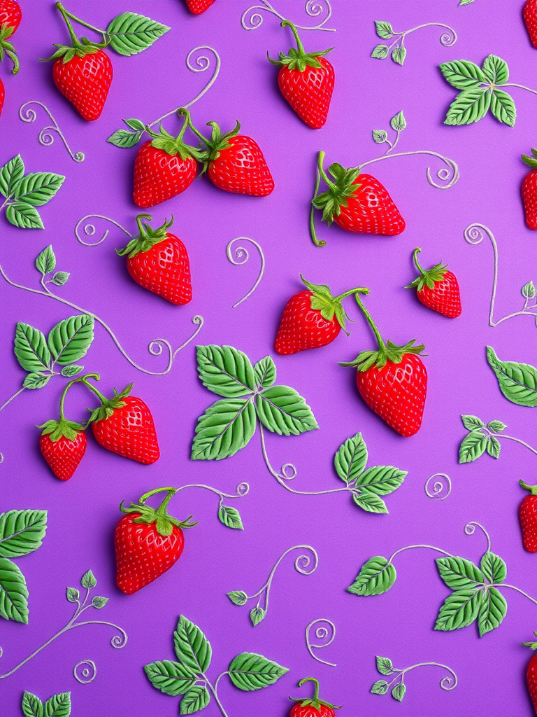 create a vibrant purple patterned background featuring intricate strawberry and vine designs, shot with a Canon EOS R5, 50mm lens, f/2.8, ISO 100, in soft natural light, with a top-down view to capture the detail of the patterns