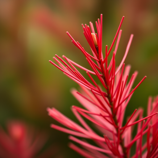 close-up of vibrant red pine needles against a blurred green background, shallow depth of field, f/2.8 aperture, 50mm lens, natural light, DSLR camera