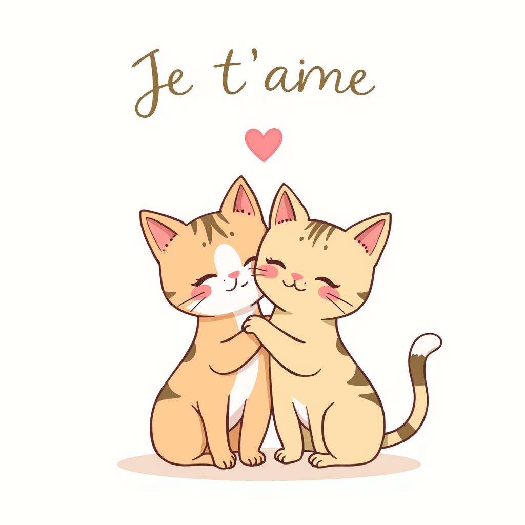 Create a cute illustration of two cartoon cats cuddling, with a handwritten text "Je t'aime" above them, use a soft pastel color palette, set the camera to 50mm lens, f/2.8 aperture, ISO 100, and capture in natural light to enhance the quality and warmth of the image.