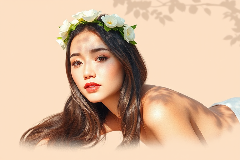 create a watercolor painting of an ethereal portrait of beautiful Turkmen woman with a simple white flower crown on her head. Her hair is long and she is lying on the ground. The sunlight on the trees casts shadows from the leaves on her face and body. The background is a neutral brown color that matches her skin tone. The image is minimalist and solid colors. This style is characterized by soft, delicate brushstrokes and a light, airy, contrasting color palette. High level of detail and play of light