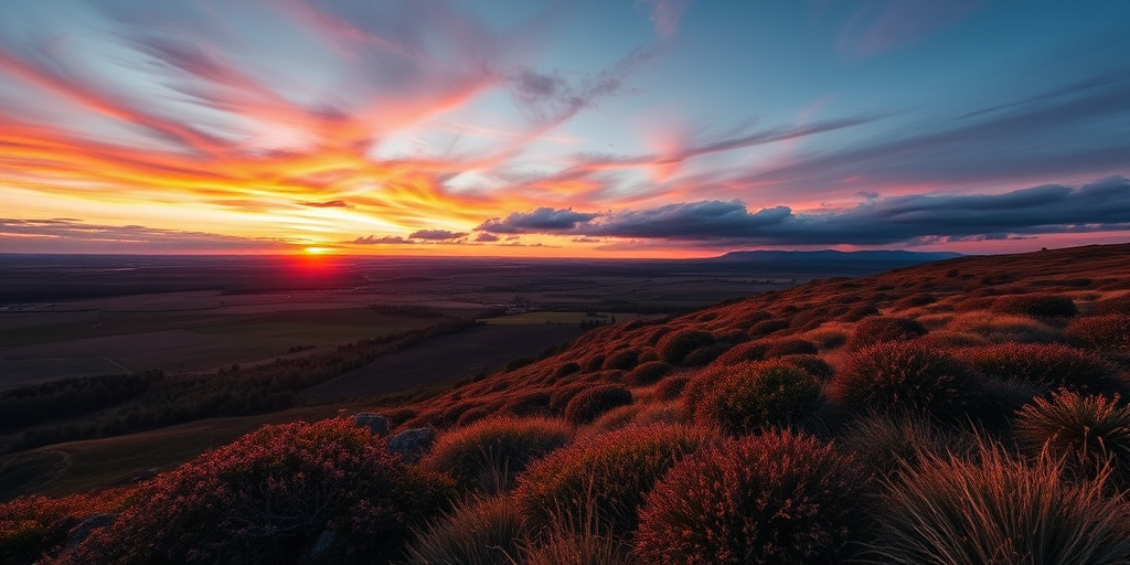 Generate an image of a scenic landscape during sunset with vivid colors, using a Canon EOS R5 with a 24-70mm f/2.8 lens at f/8, ISO 100, 1/60 sec shutter speed, capturing a wide-angle view to enhance depth and detail.