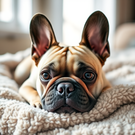 French Bulldog lying on a fluffy blanket, soft natural light, 50mm lens, f/1.8 aperture, ISO 200, shallow depth of field, DSLR camera, portrait view.