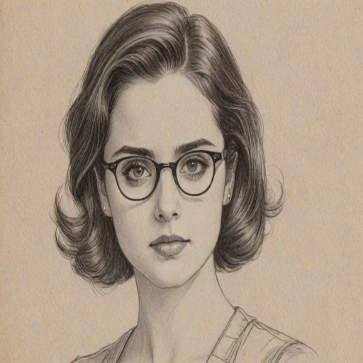 Appealing Vanessa Marano, pencil sketch, portrait of Beauteous woman 1932s in glasses, hair style beatnik, outline, clear lines, fine lines, 8k