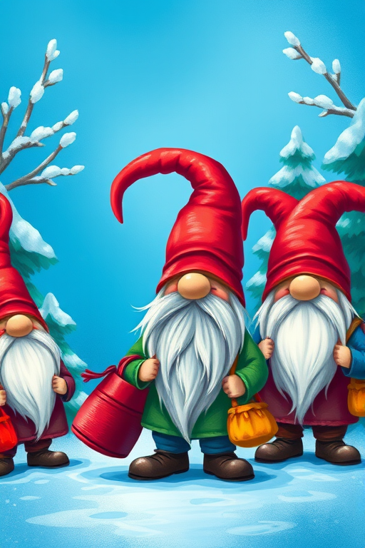 Create an illustration of colorful gnomes with long beards wearing bright red hats, carrying bags, set against a vibrant blue background with snowy trees, using a 50mm lens, f/2.8 aperture, shot from a slightly elevated angle with soft lighting, in a digital painting style.